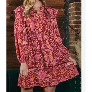Oddi Los Angeles Floral Boho Mini Dress 1XL NWT Ruffle Tiered Long Sleeve